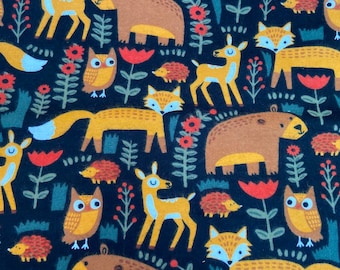 Woodland Animals on Black Flannel Fabric sold by fat quarter - 100% Cotton