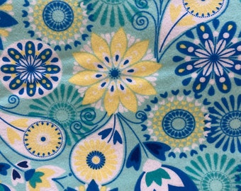 Floral Medallion Aqua Flannel Fabric sold by the yard - 100% Cotton