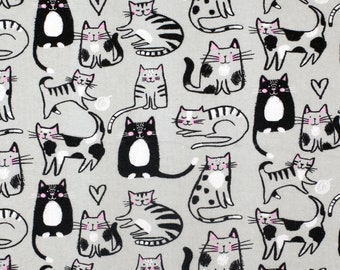 Sketched Kitty on Gray Flannel Fabric sold by the yard - 100% Cotton