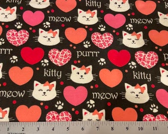Cat Faces and Hearts Flannel Fabric sold by fat quarter - 100% Cotton