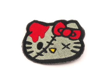 Zombie Cat Embroidered Patch - Dark Kawaii Bow Head Applique - Cute Creepy Gift