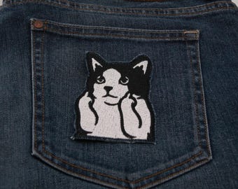 Sassy Cat Embroidered Patch - Bold Gesture Iron On Badge - Funny Rebellious Gift
