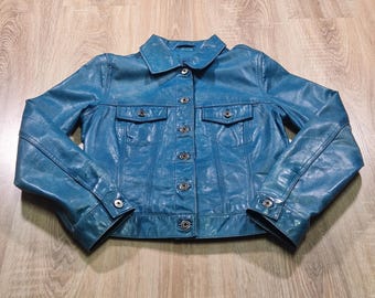 Vintage 2000 GAP Teal Blue Leather Jacket | Y2K Genuine Leather Trucker Coat | Bright Blue Leather Bomber Jacket Womens Small | 90s Moto