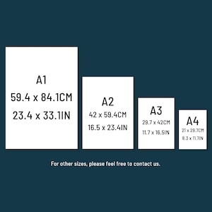May include: Four white rectangular posters labeled A1 (23.4 x 33.1 inches), A2 (16.5 x 23.4 inches), A3 (11.7 x 16.5 inches), and A4 (8.3 x 11.7 inches). Each poster displays dimensions in both inches and centimeters. The text "For other sizes, please feel free to contact us." is at the bottom.