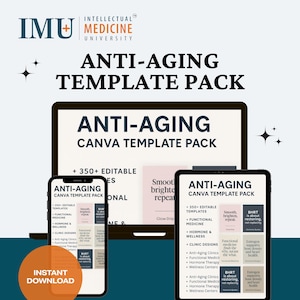 Peut inclure: Maquette de produit numérique avec un ordinateur portable, un smartphone et une tablette affichant un "Pack de modèles Canva anti-âge". La conception comprend du texte et des graphiques liés à la santé et au bien-être, avec un appel à l'action pour un téléchargement instantané.
