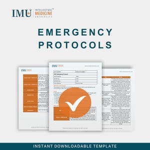 Può includere: Un modello digitale per i protocolli di emergenza dell'Università di Medicina Intellettuale. L'immagine presenta tre documenti con il testo "Protocolli di emergenza" e "Modello scaricabile istantaneamente". I documenti hanno accenti arancioni e blu.