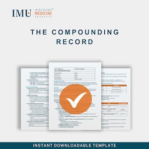 Puede incluir: Un conjunto de documentos de papel blanco con el título "The Compounding Record" en azul. Los documentos contienen texto detallado y están parcialmente cubiertos por un gran círculo naranja con una marca de verificación blanca. También incluye el texto "Instant Downloadable Template".