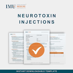 May include: A digital template for Neurotoxin Injections, featuring the IMU logo and the text "Neurotoxin Injections." The template includes a checklist and a large orange checkmark. The bottom of the image reads "Instant Downloadable Template."