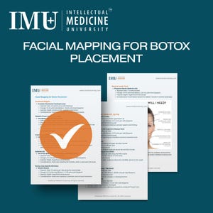 Peut inclure: Trois feuilles de papier blanches avec du texte et des diagrammes sur un fond bleu sarcelle. Le texte indique "FACIAL MAPPING FOR BOTOX PLACEMENT" et comprend le logo de "IMU MEDICINE UNIVERSITY". Un cercle orange avec une coche blanche est sur une feuille.