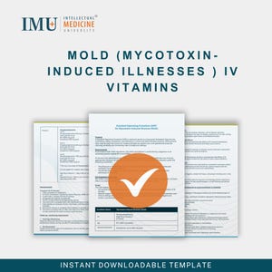 Könnte beinhalten: Eine herunterladbare Vorlage mit dem Text "MOLD (MYCOTOXIN-INDUCED ILLNESSES) IV VITAMINS" und "INSTANT DOWNLOADABLE TEMPLATE". Die Vorlage enthält eine Checkliste und einen großen orangefarbenen Kreis mit einem weißen Häkchen.