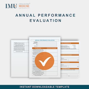 May include: A set of white paper documents with the text "ANNUAL PERFORMANCE EVALUATION" in a teal font. The documents have orange and teal accents. A large orange circle with a white tick is in the center of the documents. The words "INSTANT DOWNLOADABLE TEMPLATE" are at the bottom.