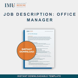 Può includere: Un documento intitolato "Descrizione del lavoro: Office Manager" dell'Università di Medicina Intellettuale. Il documento include il testo "Download istantaneo" su un cerchio arancione. Il documento è un modello.