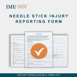 Puede incluir: Plantilla descargable para un formulario de notificación de lesiones por pinchazo de aguja. El formulario es blanco con detalles en azul e incluye secciones para detalles del incidente y acciones inmediatas. El formulario tiene un círculo naranja con una marca de verificación blanca.