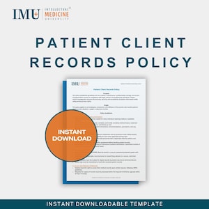 Può includere: Un documento intitolato "Patient Client Records Policy" con il logo di Intellectual Medicine University. Un cerchio arancione con "Download istantaneo" sovrappone il documento. Le parole "Modello scaricabile istantaneamente" sono in basso.