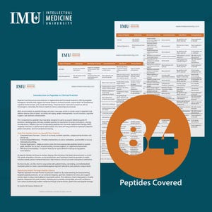 May include: A teal-colored image with the Intellectual Medicine University logo and text. The image features informational charts and a large orange circle with the number 84 and the text "Peptides Covered".
