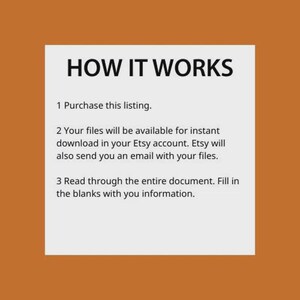 May include: A white rectangular graphic on an orange background displays the text "HOW IT WORKS" followed by numbered steps: purchase the listing, download files from Etsy, and fill in the blanks.