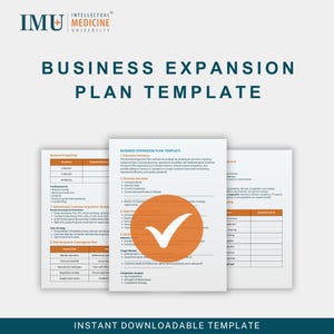 May include: A business expansion plan template with the text "Business Expansion Plan Template" in a teal font. The template includes sections for executive summary, business overview, and market analysis. The image also includes the text "Instant Downloadable Template".