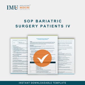 Könnte beinhalten: Ein Dokument mit dem Titel "SOP Bariatric Surgery Patients IV" mit dem Logo der Intellectual Medicine University. Das Dokument enthält Text und einen großen orangefarbenen Kreis mit einem weißen Häkchen. Die Worte "Sofort herunterladbare Vorlage" stehen unten.