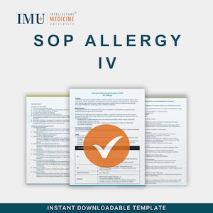 以下が含まれることがあります： 「SOP ALLERGY IV」の文字とインテリジェント医学大学のロゴが入った、ティールと白のドキュメント。このドキュメントには、大きなオレンジ色の円と白いチェックマークが付いたチェックリストが含まれています。画像の下部には「INSTANT DOWNLOADABLE TEMPLATE」と書かれています。