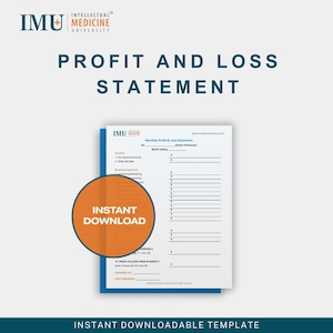 May include: A white and blue profit and loss statement template with the text "Profit and Loss Statement" and "Instant Download". The template includes sections for income, expenses, and profit or loss.