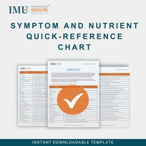 May include: A white and teal quick-reference chart titled "Symptom and Nutrient Quick-Reference Chart" with the IMU Medicine University logo. The chart includes detailed information and a large orange circle with a white tick. The words "Instant Downloadable Template" are at the bottom.