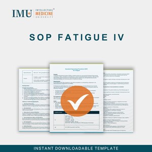 以下が含まれることがあります： インテリジェント医学大学のロゴが入った「SOP Fatigue IV」というタイトルのドキュメント。このドキュメントは、疲労に関する標準的な手順です。白いチェックマークが付いたオレンジ色の円がドキュメントにあります。「インスタントダウンロード可能なテンプレート」というテキストが一番下にあります。