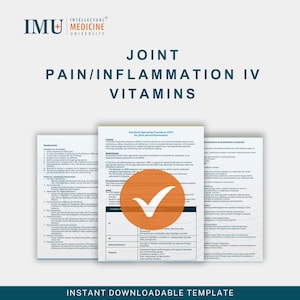 Könnte beinhalten: Eine digitale Vorlage mit dem Text "JOINT PAIN/INFLAMMATION IV VITAMINS" und "INSTANT DOWNLOADABLE TEMPLATE". Das Bild enthält Dokumente mit medizinischen Informationen und einem großen orangefarbenen Häkchen.