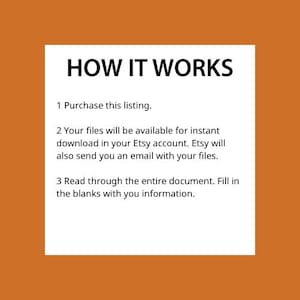 May include: White rectangular graphic on an orange background with the text "HOW IT WORKS". The text explains the steps to purchase a listing, download files, and fill in information.