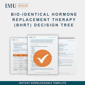 Puede incluir: Una plantilla descargable para el árbol de decisiones de la terapia de reemplazo hormonal bioidéntica (BHRT). El documento presenta el logotipo de la IMU Medicine University e incluye una lista de verificación con una marca de verificación naranja. El texto dice "Plantilla descargable instantáneamente."