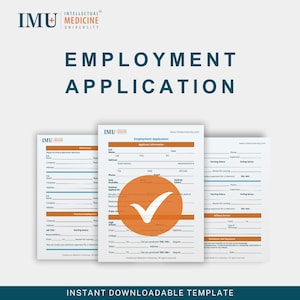 Puede incluir: Tres formularios de solicitud de empleo con el texto "Employment Application" en fuente color turquesa. Los formularios tienen detalles en naranja y blanco e incluyen campos para la información del solicitante. El logotipo de IMU Medicine University está en la esquina superior izquierda.