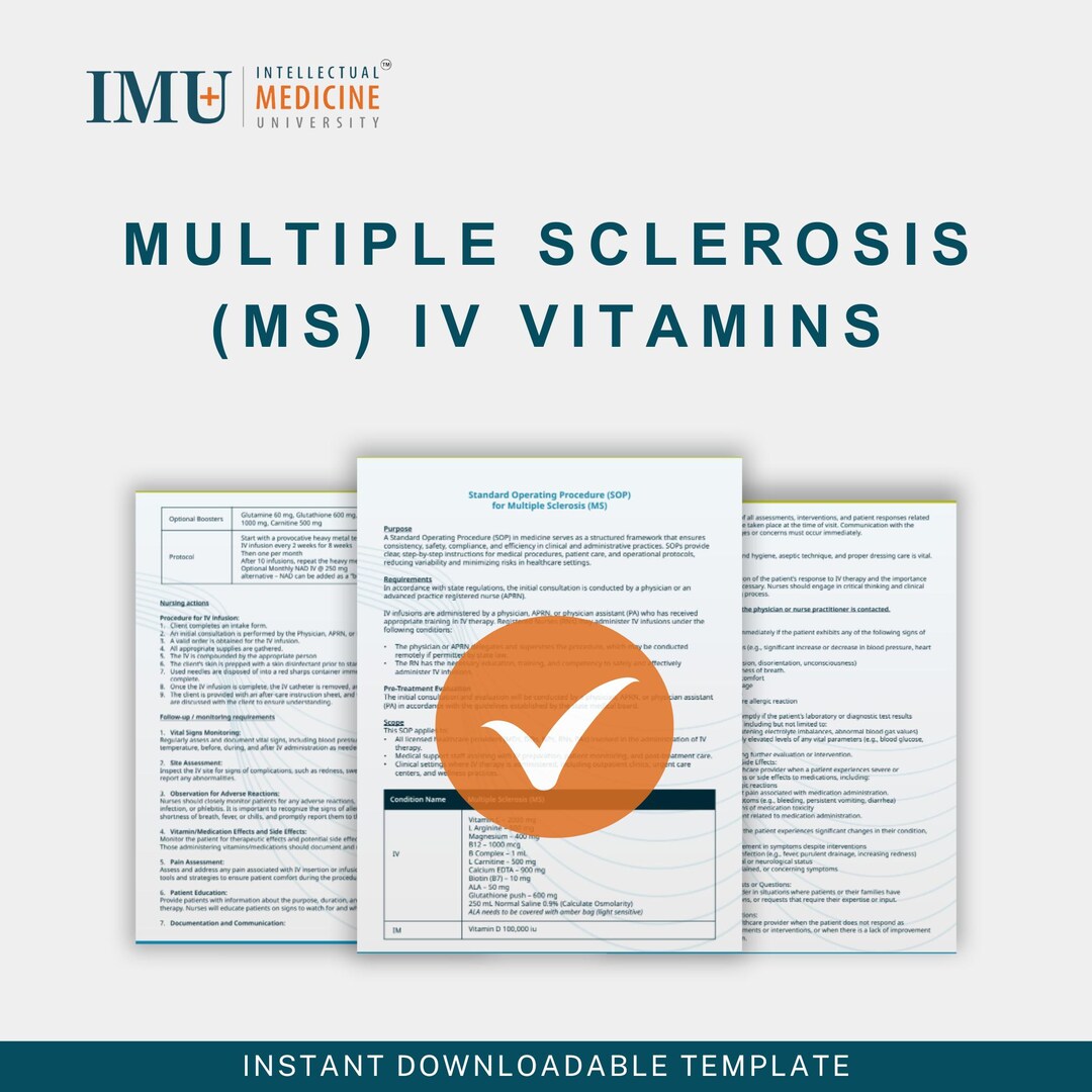 Multiple Sclerosis IV Vitamins SOP  Clinical Infusion Protocol With  Vitamin C, Magnesium, Glutathione, B12 for MS Support - Etsy