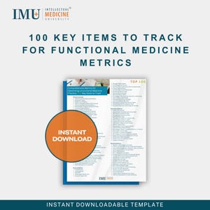 Puede incluir: Una plantilla descargable con el texto "100 elementos clave para rastrear métricas de medicina funcional". El documento incluye una lista de métricas y las palabras "Descarga instantánea".