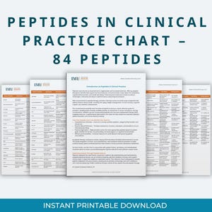 Può includere: Una raccolta di grafici stampati in bianco con il titolo "Peptides in Clinical Practice Chart - 84 Peptides" in verde acqua. I grafici contengono informazioni dettagliate e sono etichettati come "Instant Printable Download".