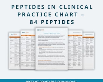 May include: A collection of white printed charts with the title "Peptides in Clinical Practice Chart - 84 Peptides" in teal. The charts have detailed information and are labeled "Instant Printable Download".