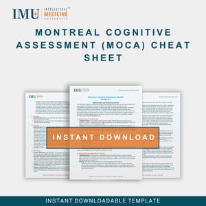 May include: White paper sheets with the text "MONTREAL COGNITIVE ASSESSMENT (MOCA) CHEAT SHEET" and "INSTANT DOWNLOAD". The sheets feature the Intellectual Medicine University logo. The sheets are stacked.
