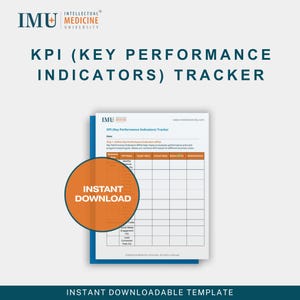 Puede incluir: Una plantilla blanca de seguimiento de KPI (Indicadores Clave de Rendimiento) con un borde azul. El documento incluye una tabla para el seguimiento de las métricas de rendimiento empresarial. Un círculo naranja con las palabras "INSTANT DOWNLOAD" superpone el documento.