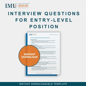 May include: A white document titled "Interview Questions for Entry-Level Position" with blue borders. An orange circle with the words "Instant Download" is overlaid on the document. The image also contains the text "Intellectual Medicine University".