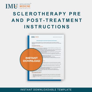 Puede incluir: Una plantilla descargable con instrucciones para la escleroterapia pre y postratamiento. El documento es blanco con bordes azules e incluye el texto "Instrucciones de tratamiento pre y post-escleroterapia". Un círculo naranja con "Descarga instantánea" se superpone al documento.