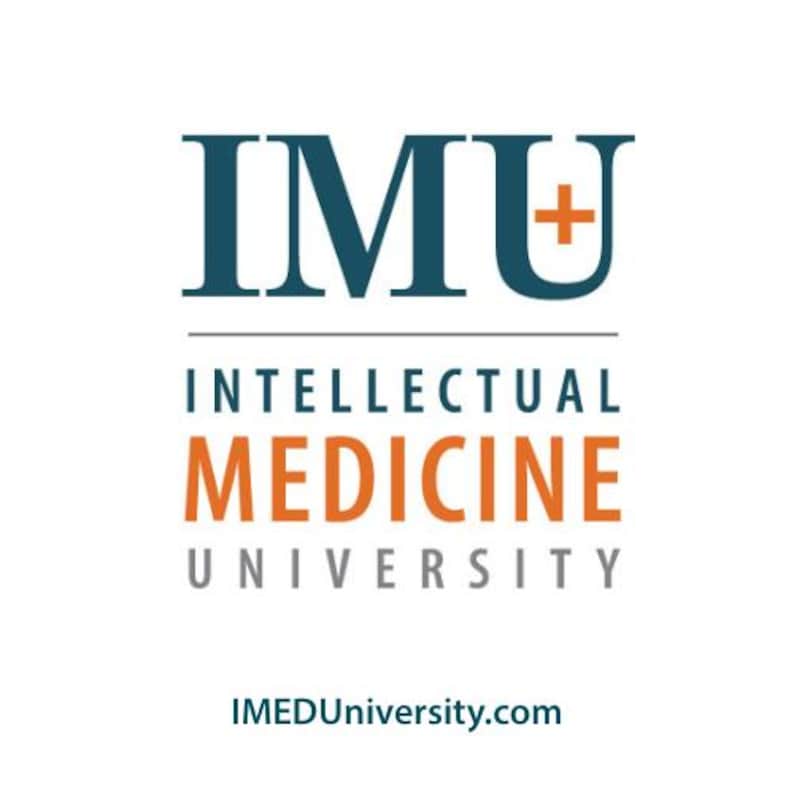 May include: The logo for Intellectual Medicine University (IMU) features the acronym "IMU" in dark teal, with a plus sign in orange. Below, the full name is spelled out in orange and gray. The website address, IMEDUniversity.com, is at the bottom.