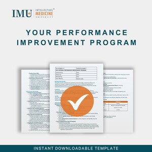 May include: A white document titled "SOP Internal Performance Improvement Program" with an orange checkmark. The document is part of a "Your Performance Improvement Program" template. The image also includes the text "Instant Downloadable Template".