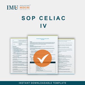 Könnte beinhalten: Drei gestapelte Dokumente mit dem Text "SOP CELIAC IV" in Blau. Die Dokumente haben ein grün-weißes Design mit dem Text "Standard Operating Procedure (SOP) for Celiac". Ein orangefarbener Kreis mit einem weißen Häkchen befindet sich auf dem mittleren Dokument.