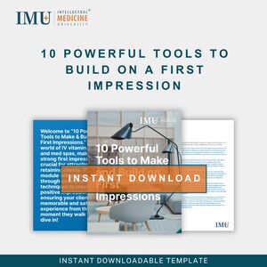 May include: A promotional image for a downloadable template from IMU Medicine. The image features the text "10 Powerful Tools to Build on a First Impression" and "Instant Download." The design includes a modern interior setting with a lamp and a chair.