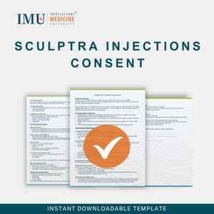 Könnte beinhalten: Eine herunterladbare Vorlage für die Einwilligung zu Sculptra-Injektionen. Das Dokument enthält Text und einen orangefarbenen Kreis mit einem weißen Häkchen. Das Logo der IMU Medicine University befindet sich oben.