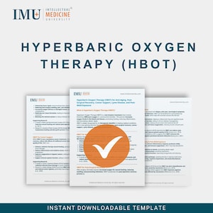 Puede incluir: Imagen promocional de la Universidad de Medicina Intelectual (IMU) con el texto "Hyperbaric Oxygen Therapy (HBOT)". La imagen incluye documentos con información sobre HBOT y un gráfico de marca de verificación.