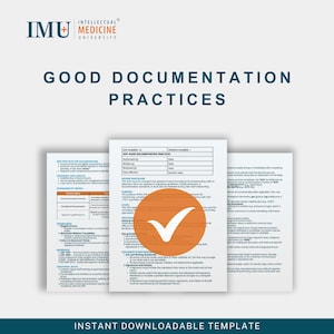 Puede incluir: Imagen promocional para la Universidad de Medicina Intelectual con el texto "Buenas prácticas de documentación". La imagen incluye una pila de documentos con una marca de verificación naranja. La parte inferior de la imagen dice "Plantilla descargable instantáneamente."