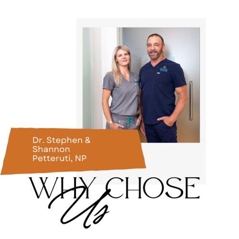 May include: Image features two people, a man and a woman, standing in front of a glass door. The woman wears a gray scrub top and pants, while the man wears a navy blue scrub top and pants. An orange banner displays the text "Dr. Stephen & Shannon Petteruti, NP". Below, the words "WHY CHOSE Us" are written.