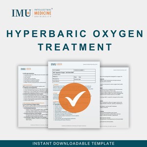 Pode incluir: Documento branco intitulado "Tratamento com Oxigênio Hiperbárico" com o logotipo da Intellectual Medicine University. O documento inclui uma lista de verificação com uma marca de seleção laranja. O texto "Modelo para download instantâneo" está na parte inferior.