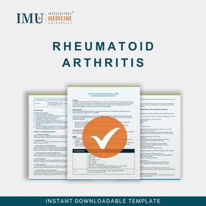 以下が含まれることがあります： 関節リウマチのテンプレートで、「関節リウマチ（RA）の標準作業手順書（SOP）」というタイトルのドキュメントが特徴です。 ドキュメントには、白いチェックマークが付いたオレンジ色の円があります。 テキスト「インスタントダウンロード可能なテンプレート」が一番下にあります。