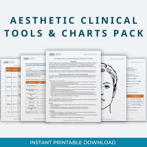 May include: Aesthetic Clinical Tools & Charts Pack, featuring several white printed pages with text and diagrams. The pages include information on aesthetic medicine, with the text "Instant Printable Download" at the bottom.