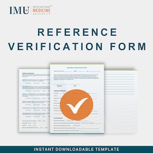 May include: A reference verification form with the text "REFERENCE VERIFICATION FORM" in large, dark teal letters. The form has an orange checkmark graphic and the words "INSTANT DOWNLOADABLE TEMPLATE" at the bottom.
